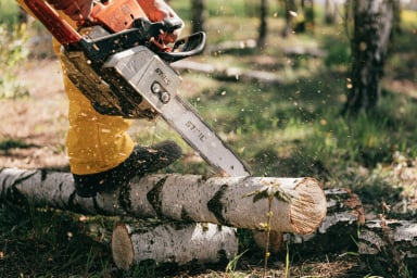 Person using a chainsaw on a log outdoors